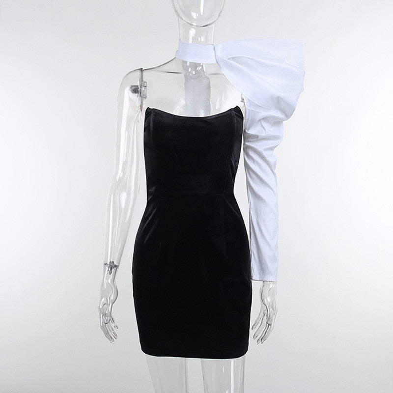 Summer Women Long Puff Sleeve One Shoulder Mini Backless Dress