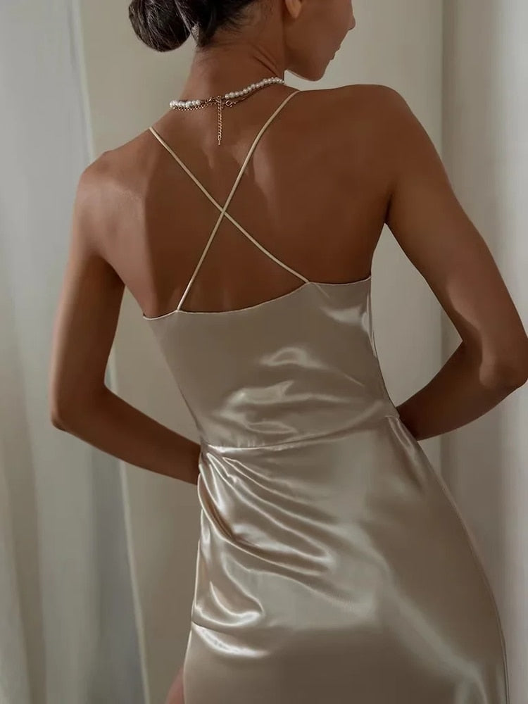 Solid Color Summer Sexy Strap A Line Side Split Dress