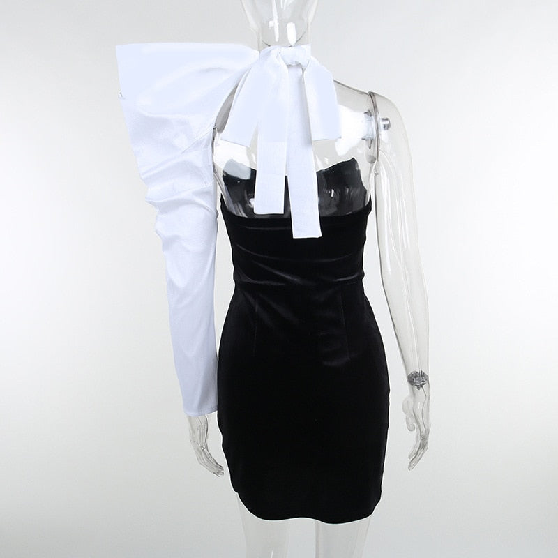 Summer Women Long Puff Sleeve One Shoulder Mini Backless Dress