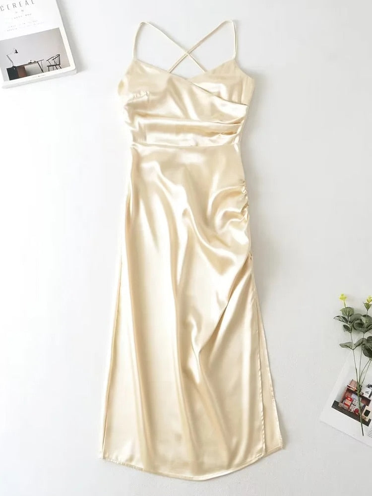 Solid Color Summer Sexy Strap A Line Side Split Dress
