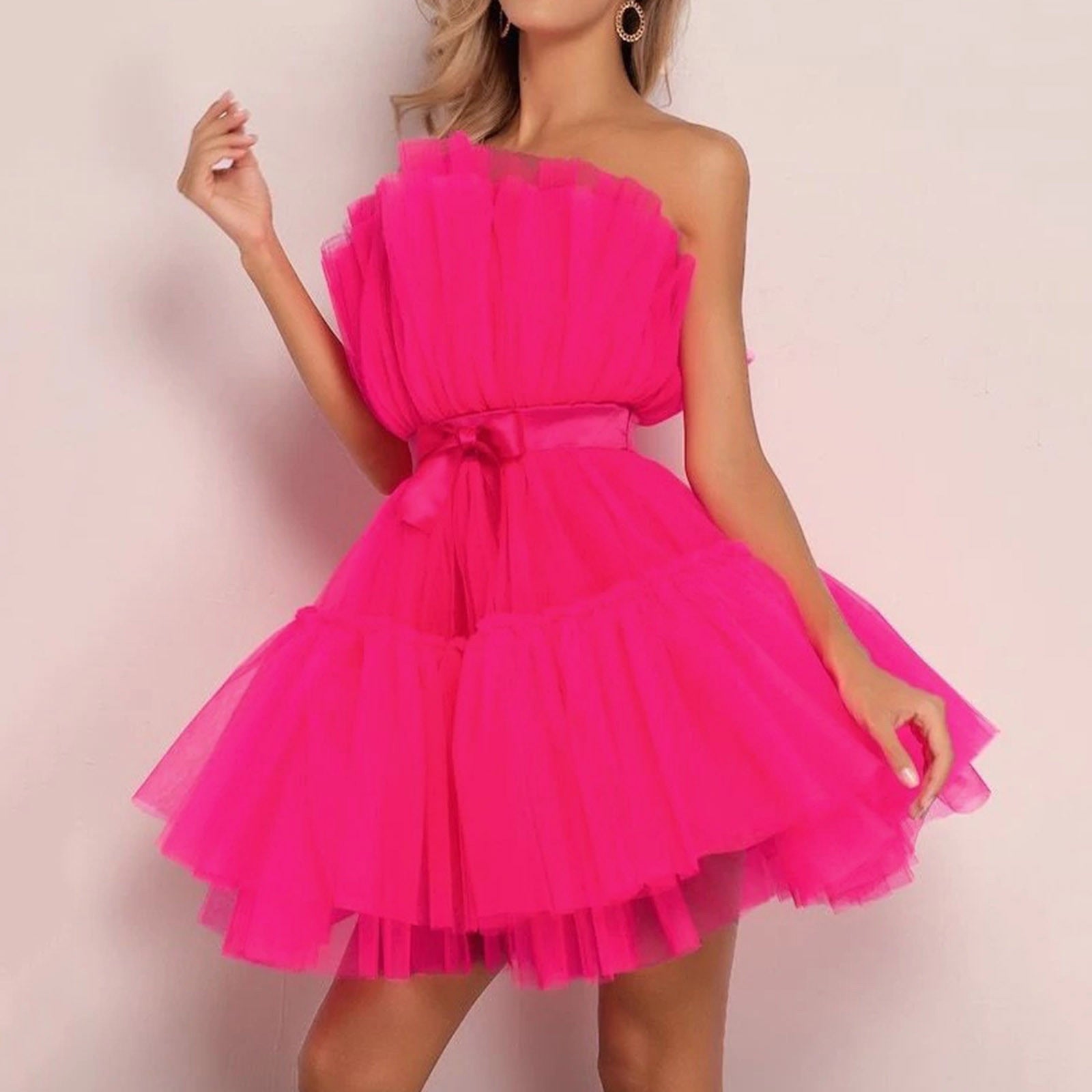 Off Shoulder Mesh Tulle Tutu Dress Tube Top Bow Evening Party Prom Dresses