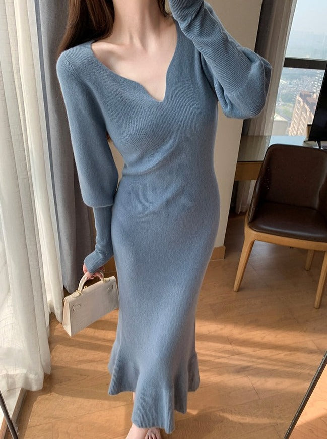 Angel Soft Knitted V-Neck Fishtail Dress