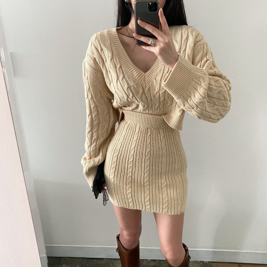 Elegant V-Neck Twist Knitted Top and Skirt