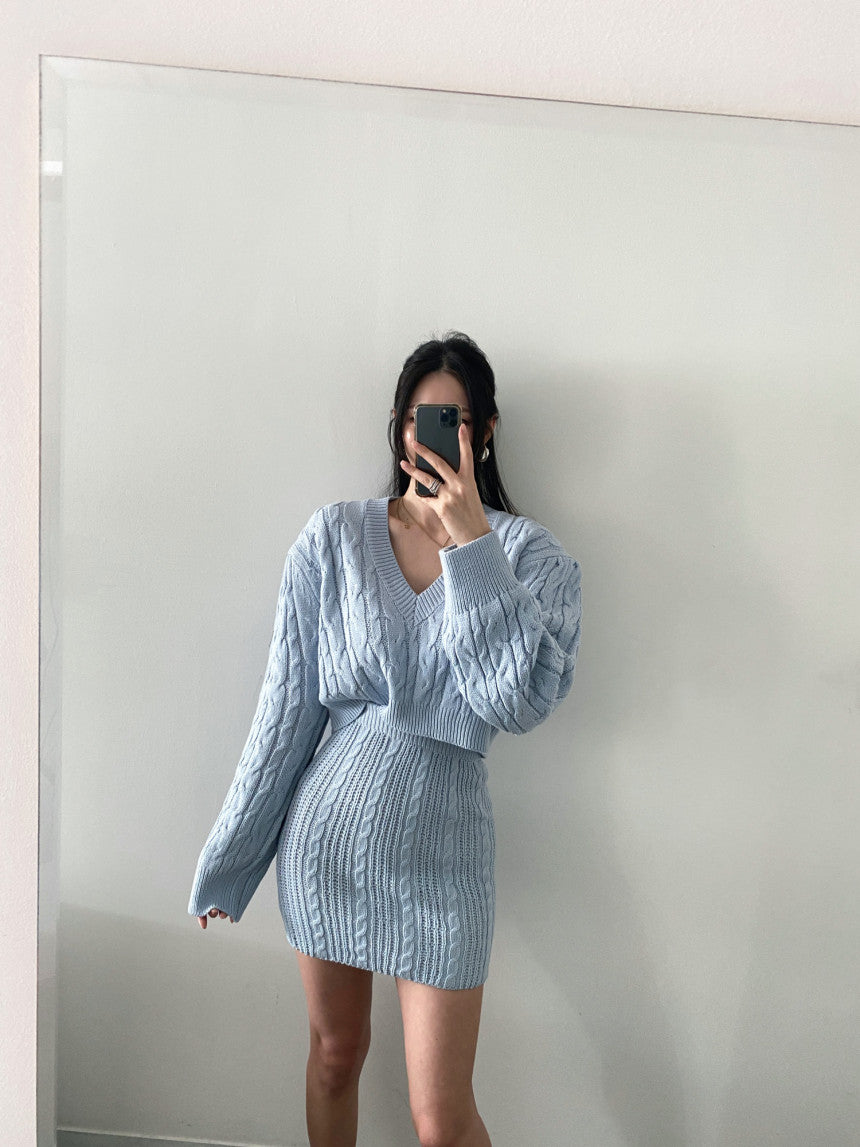 Elegant V-Neck Twist Knitted Top and Skirt