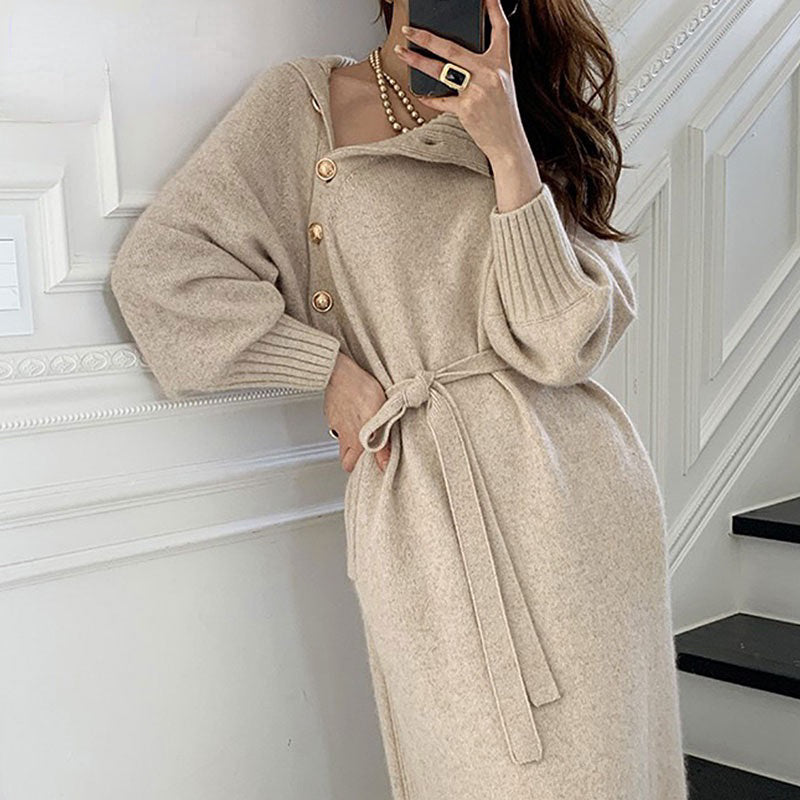 Retro High-Neck Buttons Two-Wear Knitted Dress