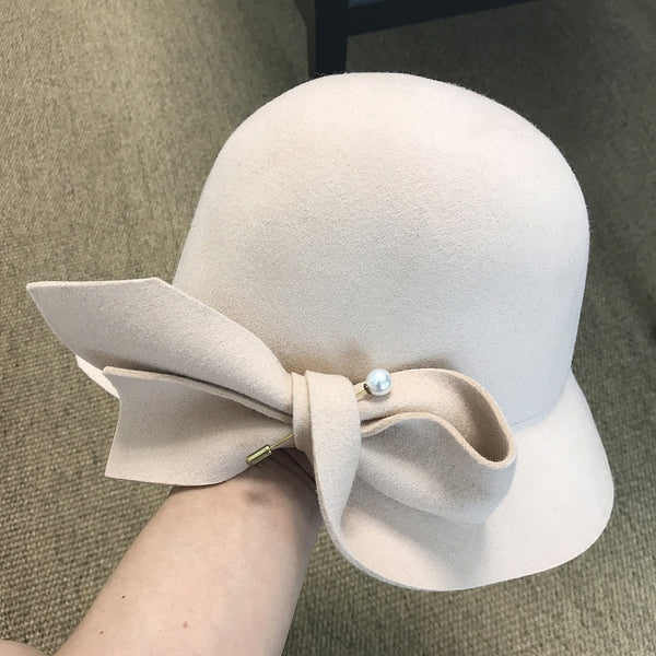 Bucket Basin Of Bowknot Pearl Wool Hat