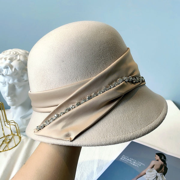 Vintage Ladies Wool Fedora Bucket Dome Bell Bow Felt Hats