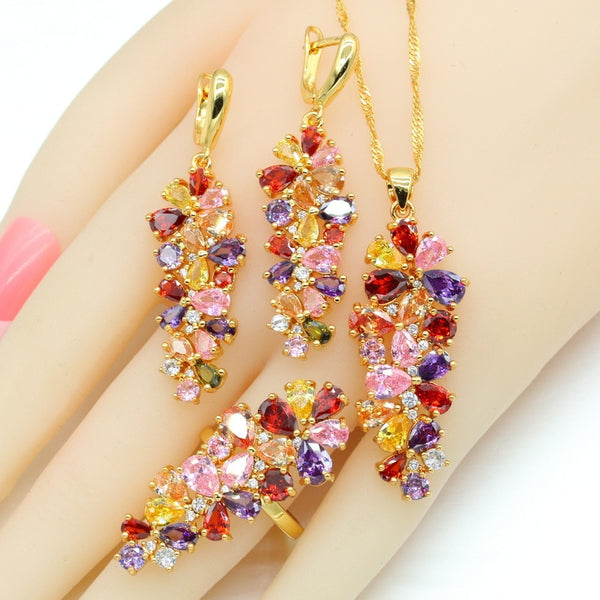 MultiColor Zirconia Gold Color Earrings Necklace Pendant Rings Gift Box Jewelry Set