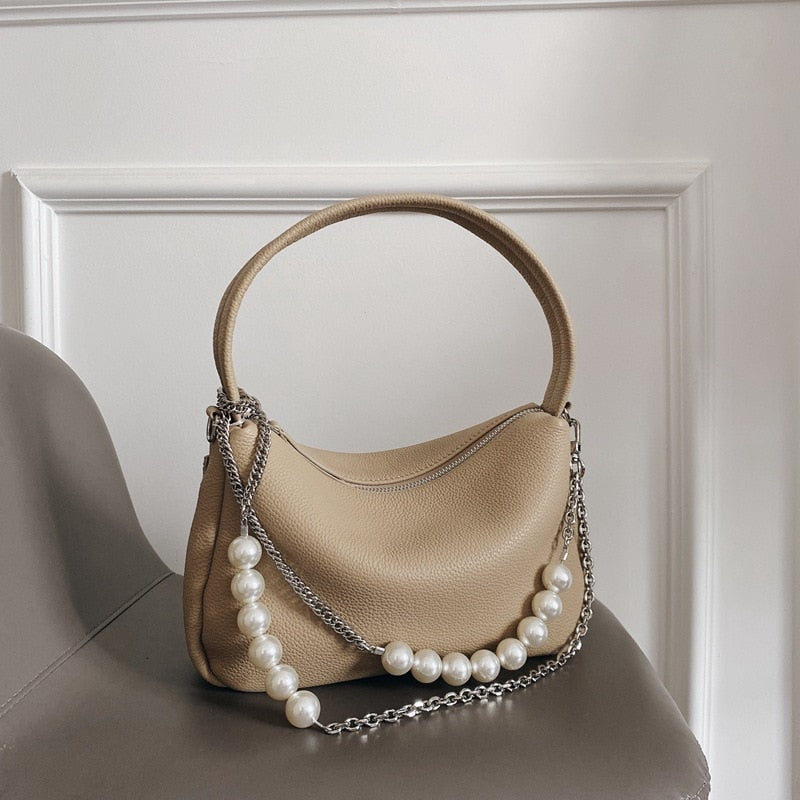 Soft Genuine Leather Pearl Chains Crossbody Bags