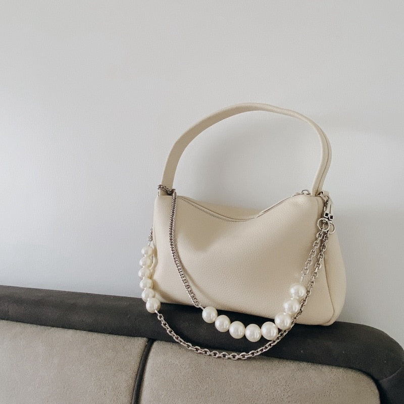 Soft Genuine Leather Pearl Chains Crossbody Bags