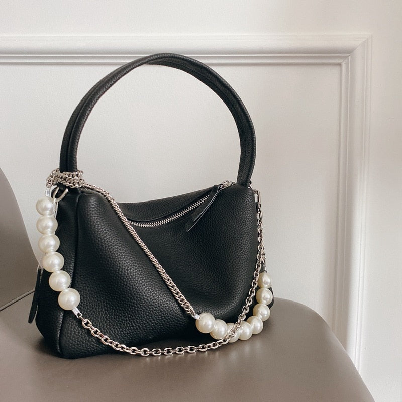 Soft Genuine Leather Pearl Chains Crossbody Bags
