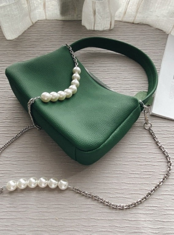 Soft Genuine Leather Pearl Chains Crossbody Bags