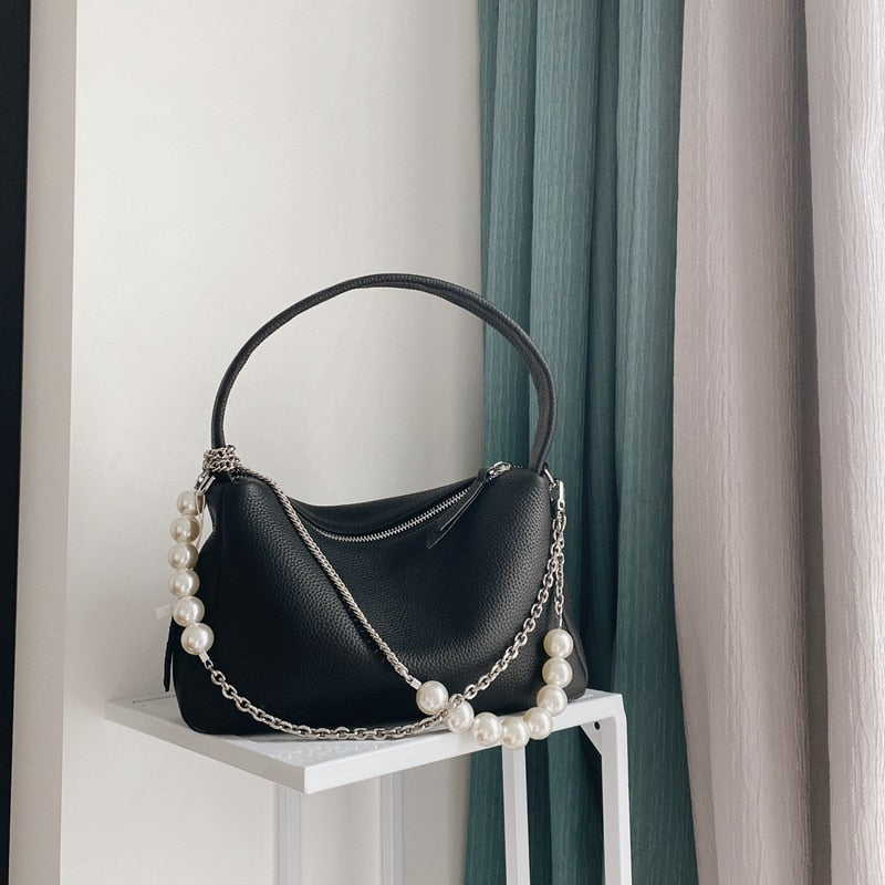 Soft Genuine Leather Pearl Chains Crossbody Bags