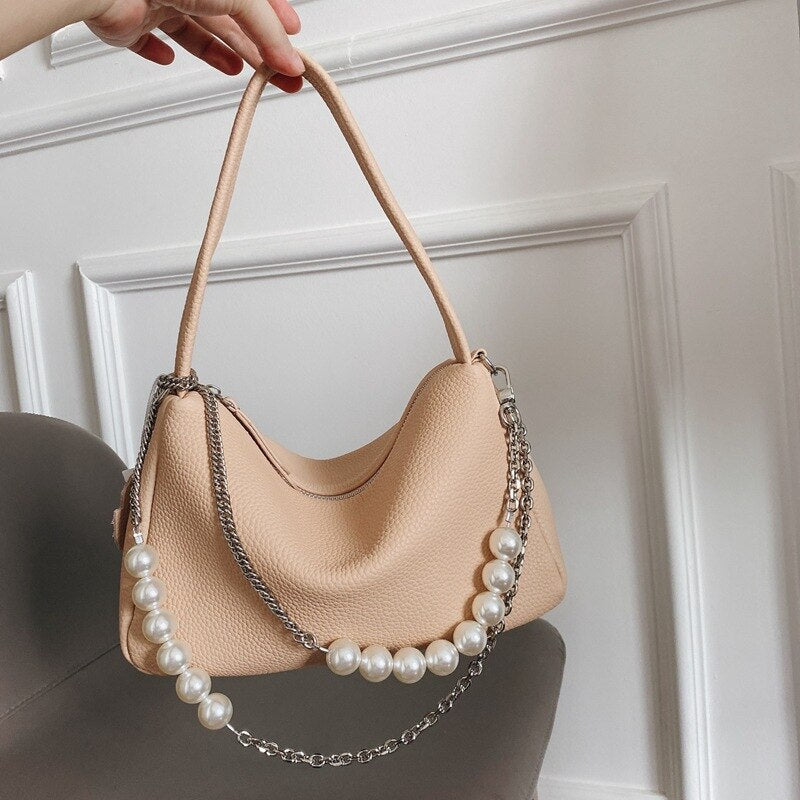 Soft Genuine Leather Pearl Chains Crossbody Bags