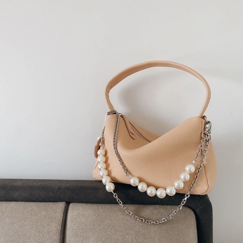 Soft Genuine Leather Pearl Chains Crossbody Bags
