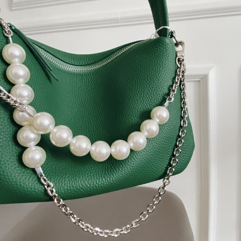 Soft Genuine Leather Pearl Chains Crossbody Bags