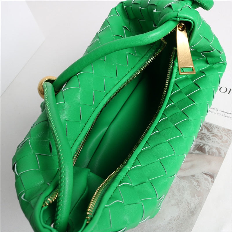 Genuine Leather Weave Metal Ball Shoulder Bag