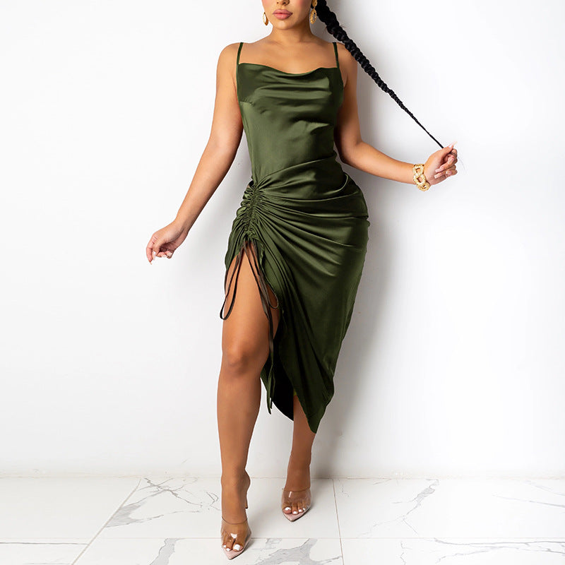Solid Color Pleated Slit Pleated Sling Dress