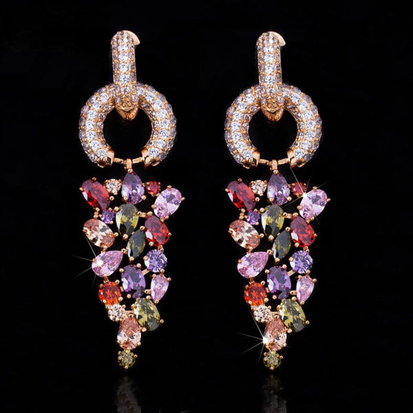 Yellow Gold Color Long Drop Cluster Multicolored Zirconia Stone Earrings
