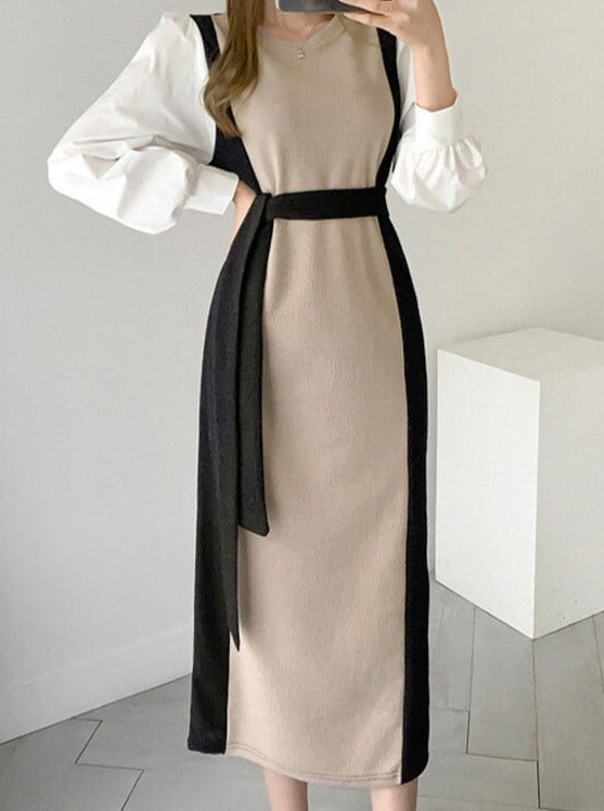 Retro Color Matching Knitted Shirt Stitching Long Sleeve Dress