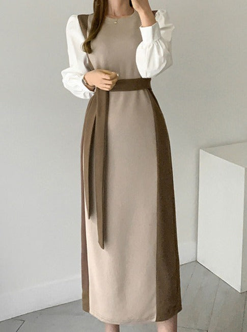 Retro Color Matching Knitted Shirt Stitching Long Sleeve Dress