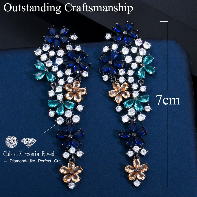 Multi Color Blue Cubic Zirconia Long Drop Flower Earrings