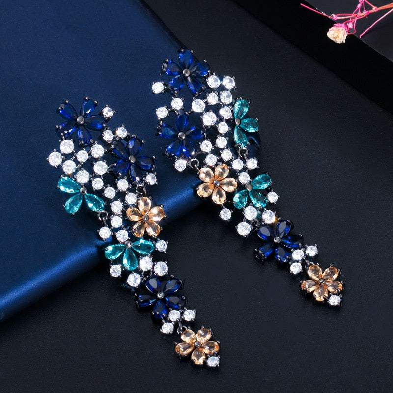 Multi Color Blue Cubic Zirconia Long Drop Flower Earrings