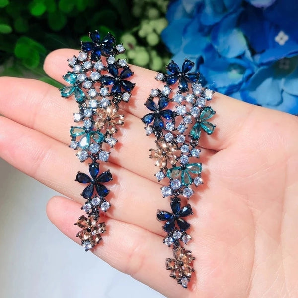 Multi Color Blue Cubic Zirconia Long Drop Flower Earrings