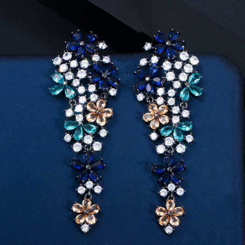 Multi Color Blue Cubic Zirconia Long Drop Flower Earrings