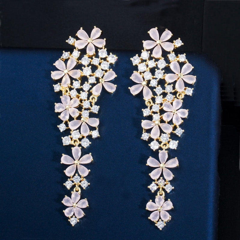 Multi Color Blue Cubic Zirconia Long Drop Flower Earrings