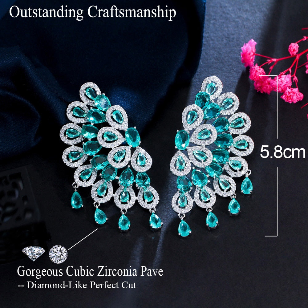 Peacock Tassel Drop Green CZ Big Fringed Earrings