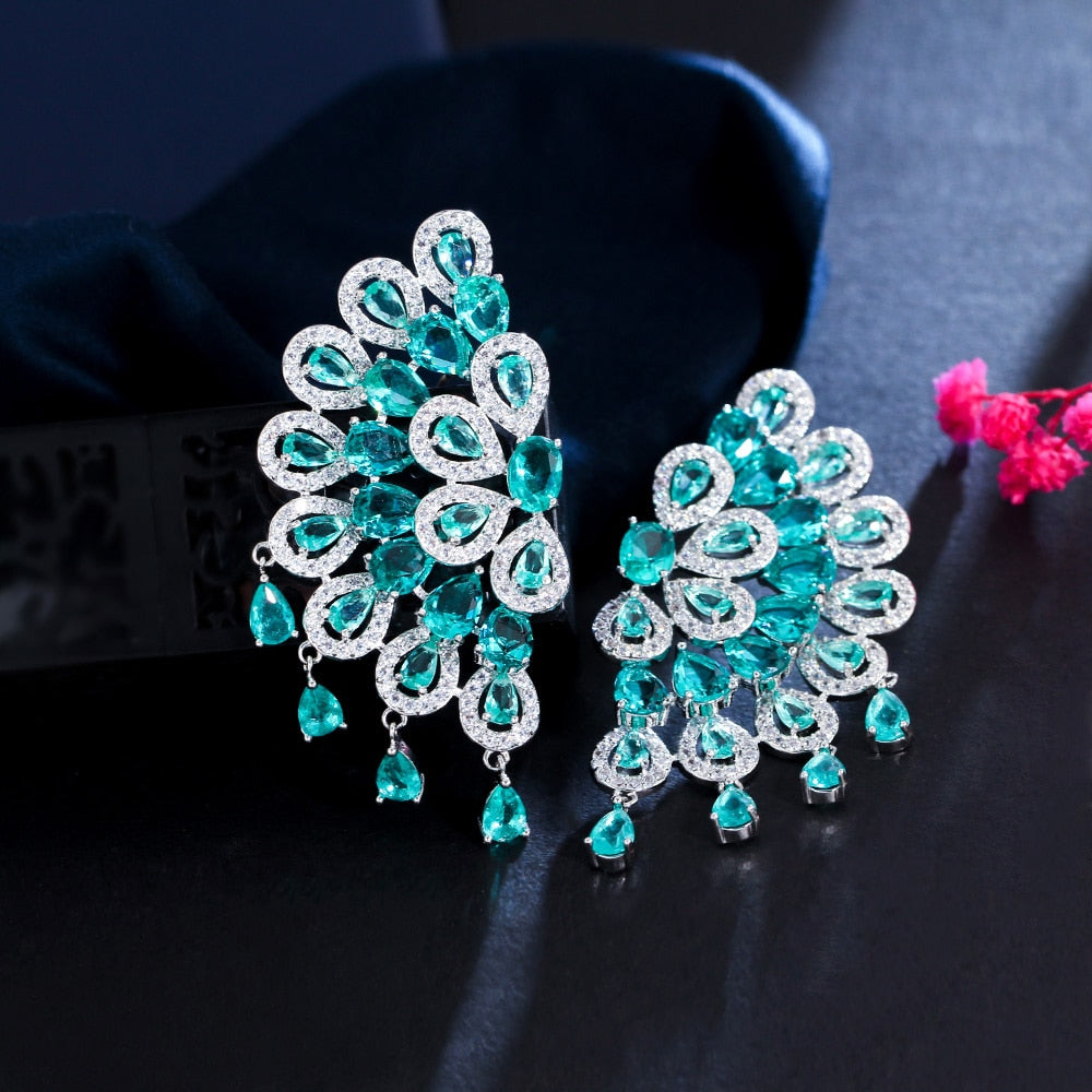 Peacock Tassel Drop Green CZ Big Fringed Earrings