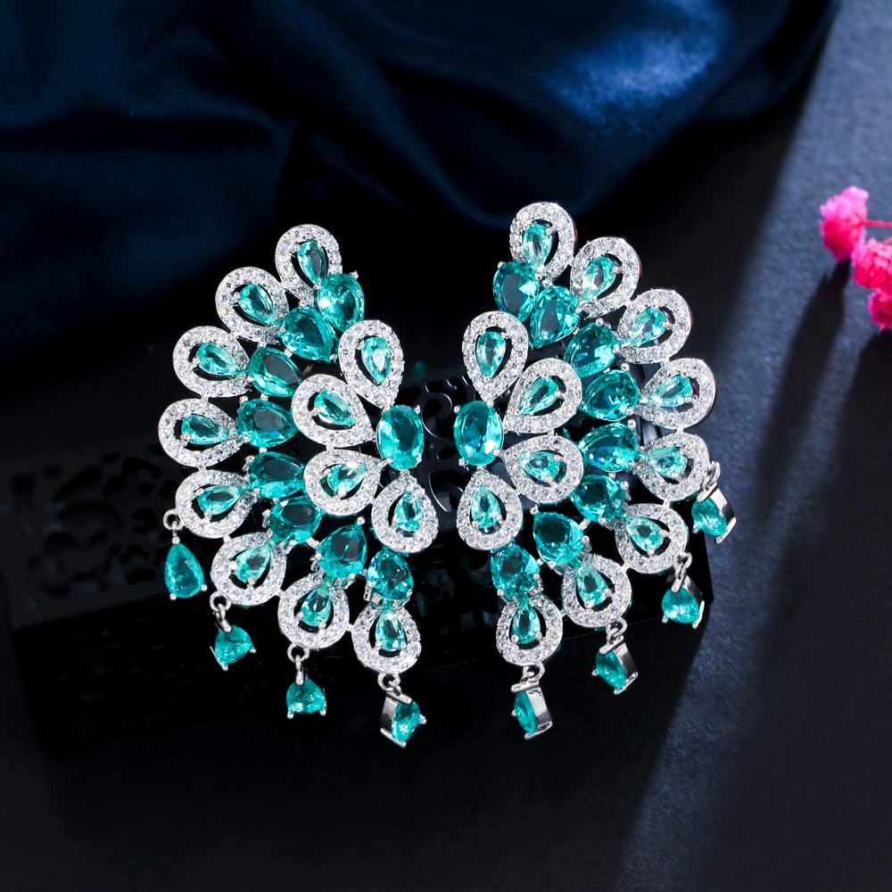 Peacock Tassel Drop Green CZ Big Fringed Earrings
