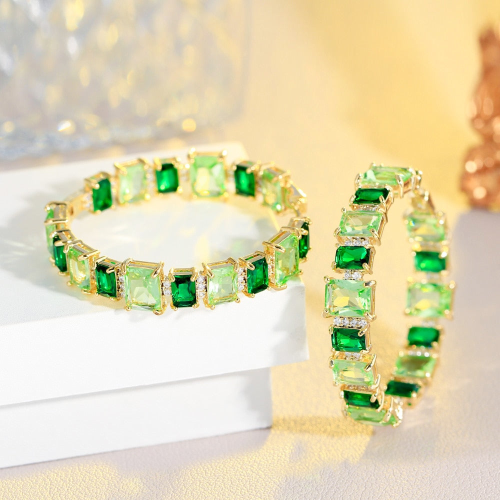 Square Light Green Cubic Zircon Crystal Brazilian Gold Plated Round Hoop Earring
