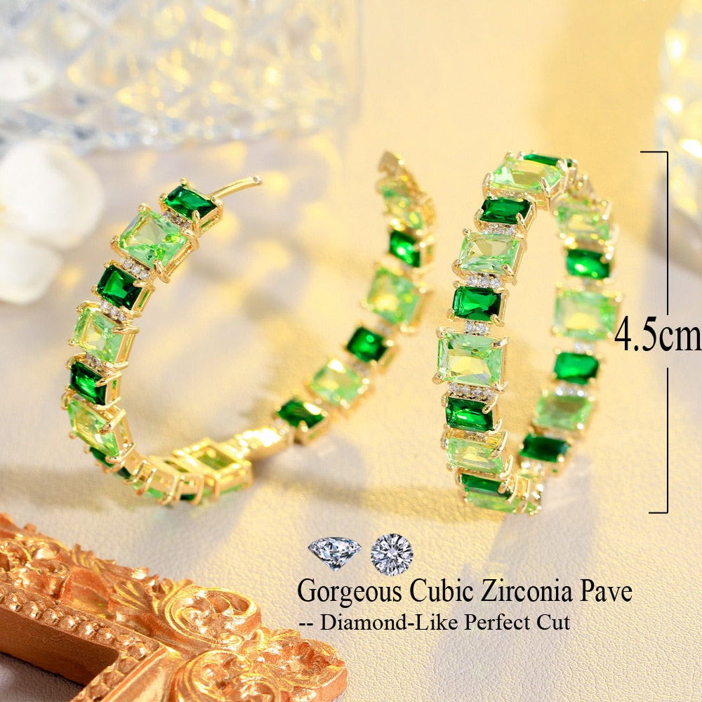 Square Light Green Cubic Zircon Crystal Brazilian Gold Plated Round Hoop Earring