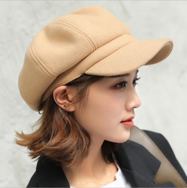 Ladies Autumn Winter Plain Wool Octagonal Hats