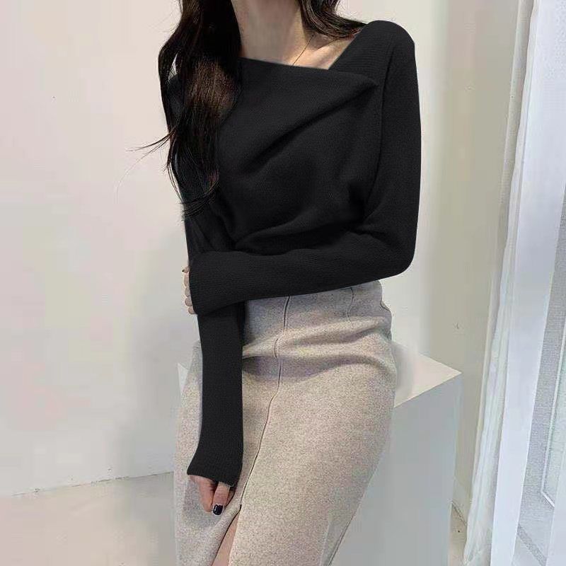 Irregular Collar Double-sided Velvet Long Sleeve Pullover Top