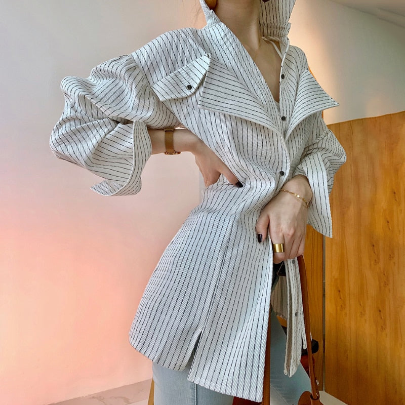 Lapel Long Sleeve Patchwork Ruffle Striped Shirt