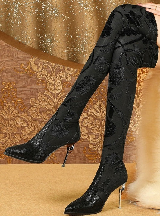 Fine-heeled Printed Sheepskin Stretch Leather High-heeled Over The Knee Boots