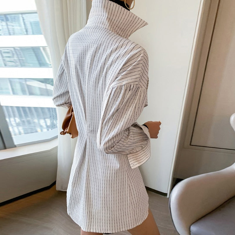 Lapel Long Sleeve Patchwork Ruffle Striped Shirt