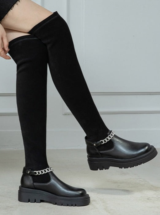 City Chain Black Round Toe Over The Knee Sock Boots