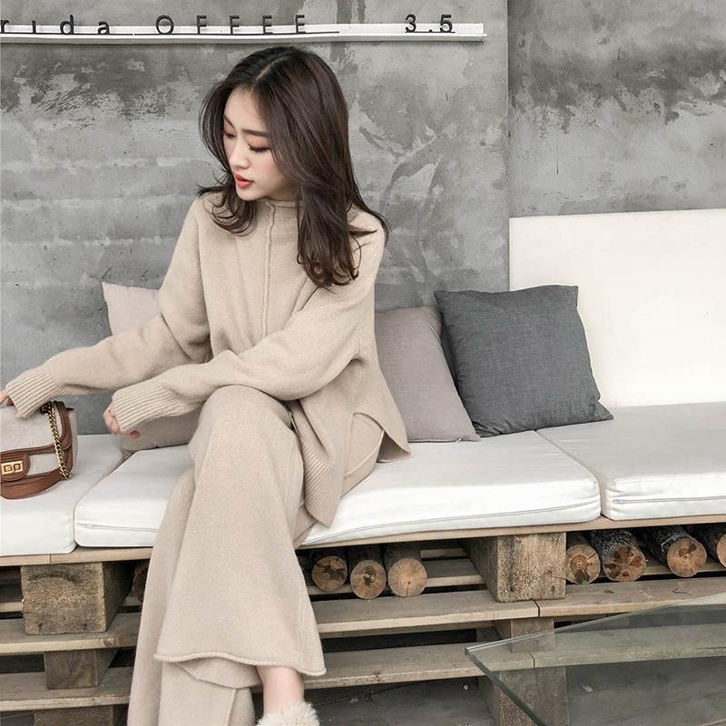 Drape Knitting Cashmere Sweater Wide-Legged Pants Set