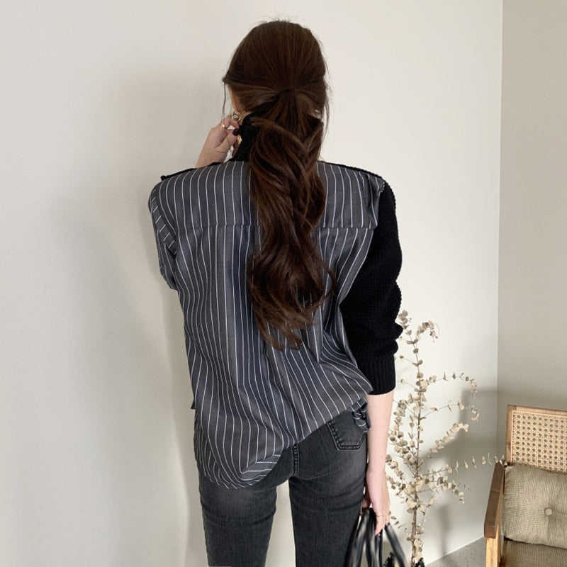 Patchwork Print Striped  Turtleneck Sweaters