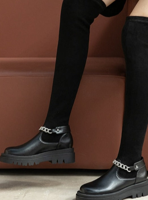 City Chain Black Round Toe Over The Knee Sock Boots