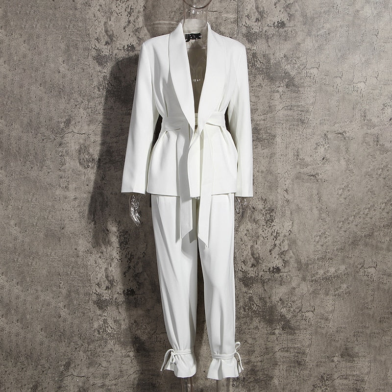 High Waist Belt Lace-up Straight Suit Blazer Set