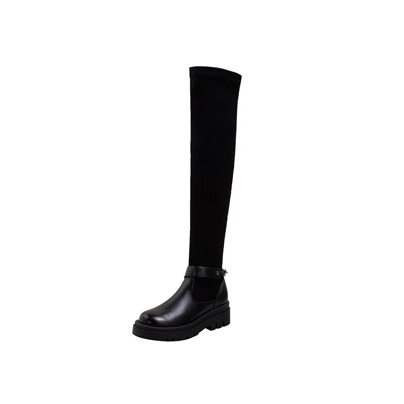 City Chain Black Round Toe Over The Knee Sock Boots