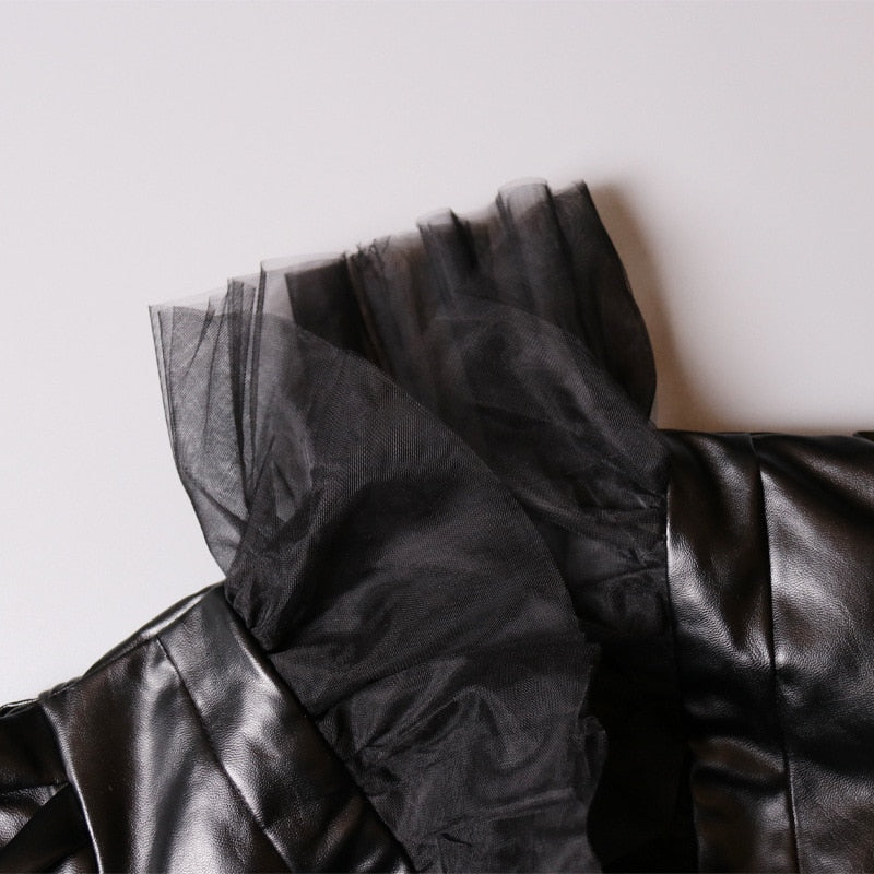 V Neck Puff Bow Patchwork Mesh PU Leather Coat