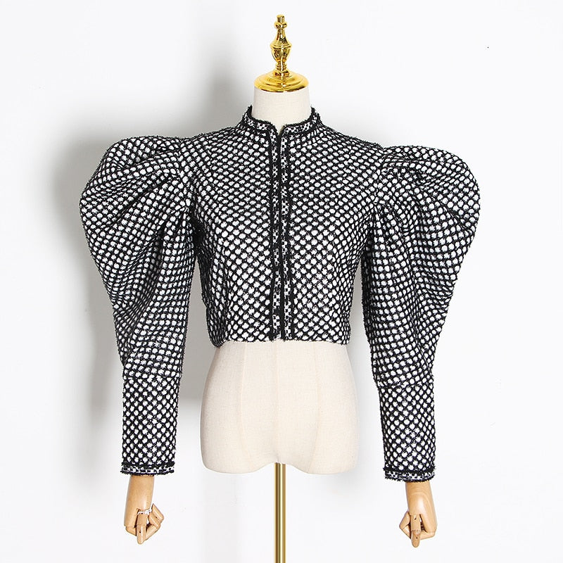 V-Style Lady Ruched Plaid O Neck Puff Sleeve Coat