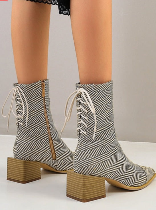 Simplicity Style Square Heel Lace-up Mid Heel Ankle Boots