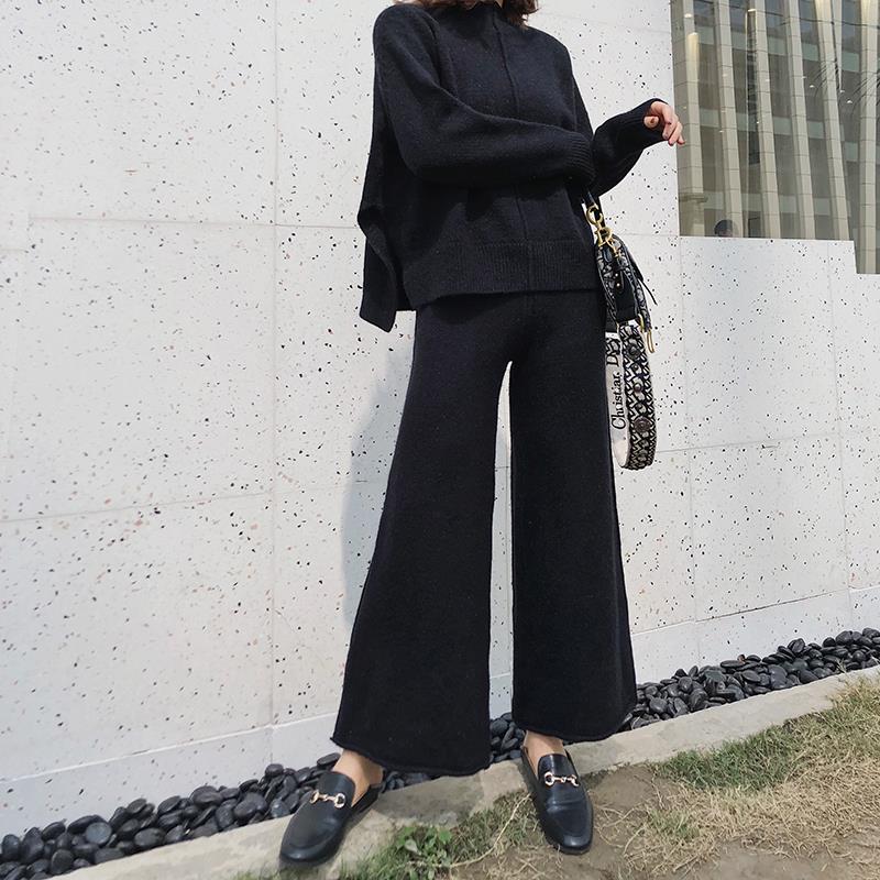 Drape Knitting Cashmere Sweater Wide-Legged Pants Set